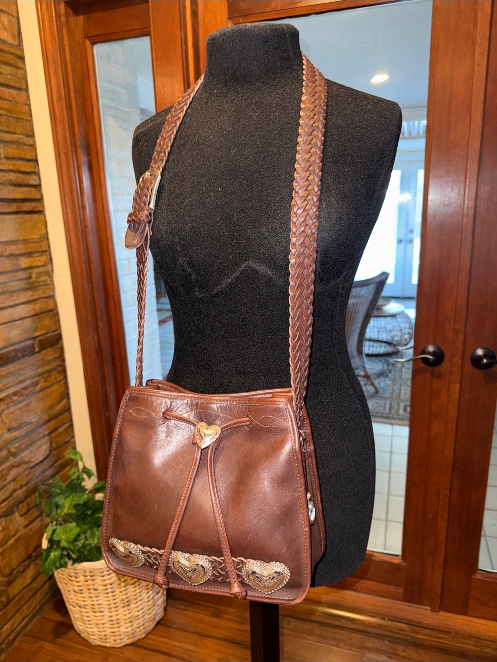 Vintage Brighton Braided Strap Brown Leather Shoulder Bag with Heart Accents - Picture 3 of 14